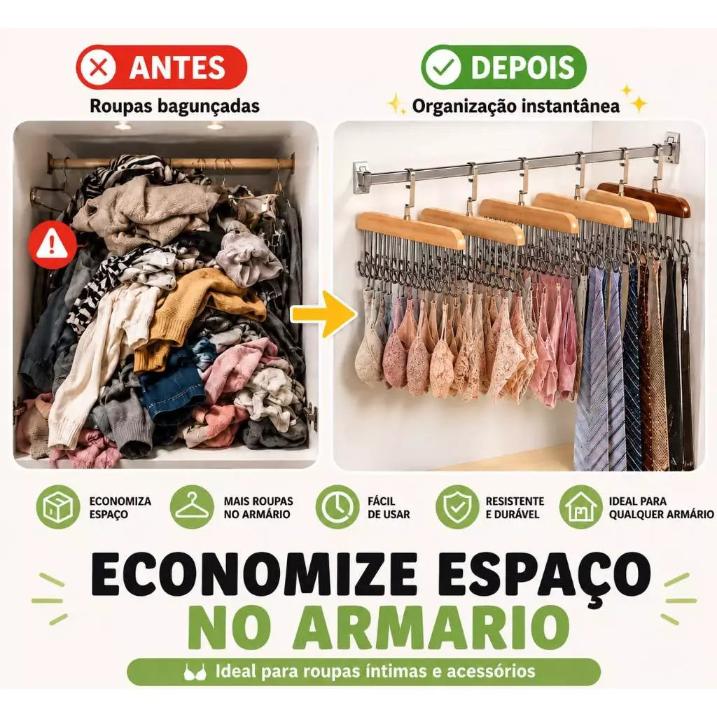 Kit 2 Cabides Multiuso de Madeira com 8 Ganchos para Gravatas, Cintos, Bonés e Acessórios