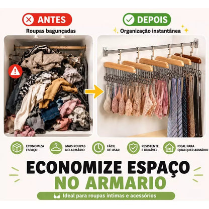 Kit 2 Cabides Multiuso de Madeira com 8 Ganchos para Gravatas, Cintos, Bonés e Acessórios