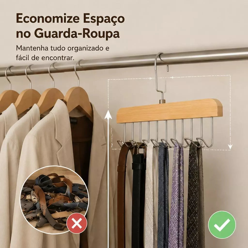 Kit 2 Cabides Multiuso de Madeira com 8 Ganchos para Gravatas, Cintos, Bonés e Acessórios