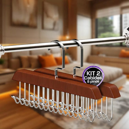 Kit 2 Cabides Multiuso de Madeira com 8 Ganchos para Gravatas, Cintos, Bonés e Acessórios