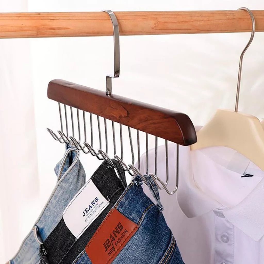 Kit 2 Cabides Multiuso de Madeira com 8 Ganchos para Gravatas, Cintos, Bonés e Acessórios