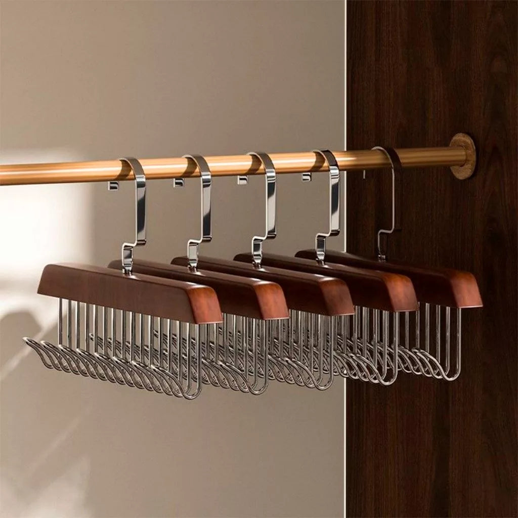 Kit 2 Cabides Multiuso de Madeira com 8 Ganchos para Gravatas, Cintos, Bonés e Acessórios