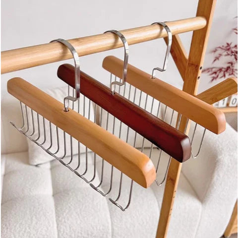 Kit 2 Cabides Multiuso de Madeira com 8 Ganchos para Gravatas, Cintos, Bonés e Acessórios