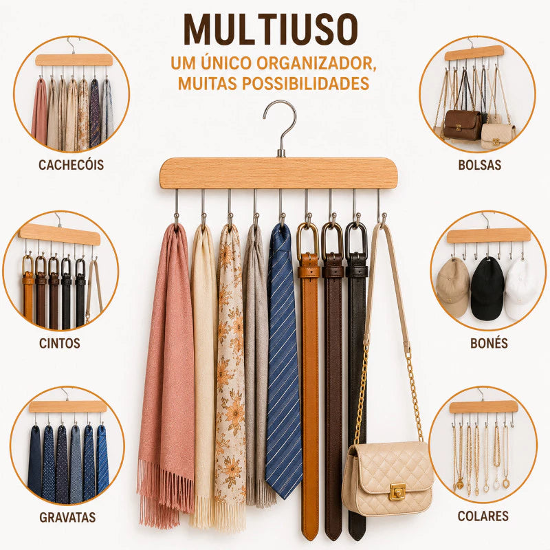 Kit 2 Cabides Multiuso de Madeira com 8 Ganchos para Gravatas, Cintos, Bonés e Acessórios
