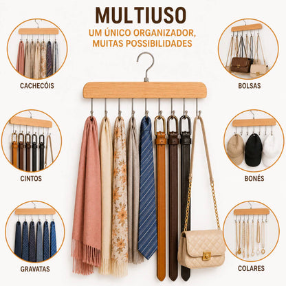 Kit 2 Cabides Multiuso de Madeira com 8 Ganchos para Gravatas, Cintos, Bonés e Acessórios
