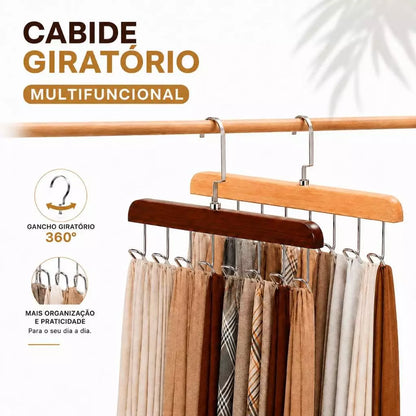 Kit 2 Cabides Multiuso de Madeira com 8 Ganchos para Gravatas, Cintos, Bonés e Acessórios