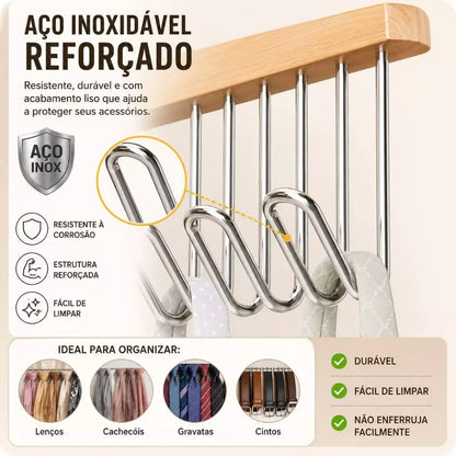 Kit 2 Cabides Multiuso de Madeira com 8 Ganchos para Gravatas, Cintos, Bonés e Acessórios