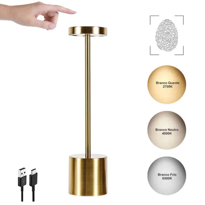 Candeeiro LED de Mesa Recarregável Touch – Sem Fio | 3 Temperaturas de Luz | Design Premium em Alumínio