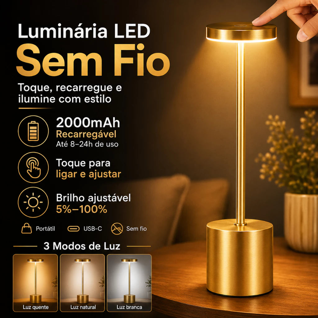 Candeeiro LED de Mesa Recarregável Touch – Sem Fio | 3 Temperaturas de Luz | Design Premium em Alumínio