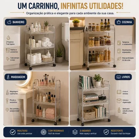 Carrinho Organizador 360° Giratório em Acrílico com Prateleiras e Rodas