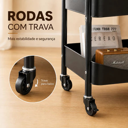 Carrinho Organizador Multiuso 3 Níveis em Aço – Tampo Amadeirado com 2 Cestos e Rodinhas