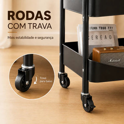 Carrinho Organizador Multiuso 3 Níveis em Aço – Tampo Amadeirado com 2 Cestos e Rodinhas