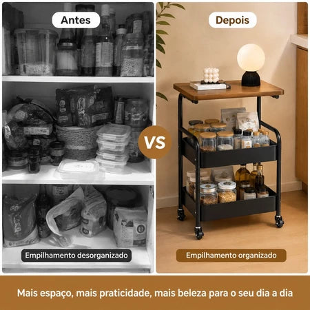 Carrinho Organizador Multiuso 3 Níveis em Aço – Tampo Amadeirado com 2 Cestos e Rodinhas