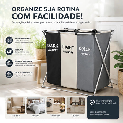 Cesto Organizador Triplo para Roupas Dobrável