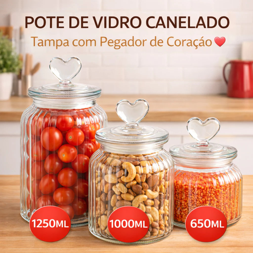 Kit 3 Potes Herméticos Organizadores de Vidro Tampa Coração