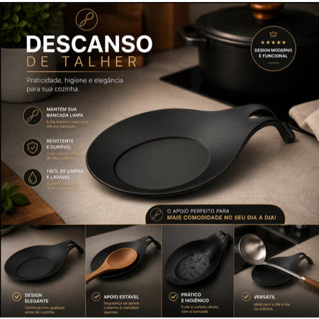 Descanso para Talheres em Silicone Preto – Suporte para Colher, Garfo e Utensílios