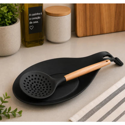 Descanso para Talheres em Silicone Preto – Suporte para Colher, Garfo e Utensílios