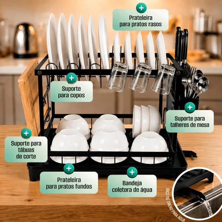 Escorredor de Louças 2 Andares com Porta Copos – Organizador de Cozinha