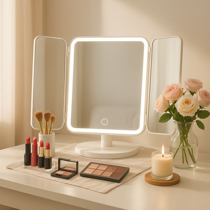 Espelho  Maquiagem Mesa LED Três Lados Dobrável