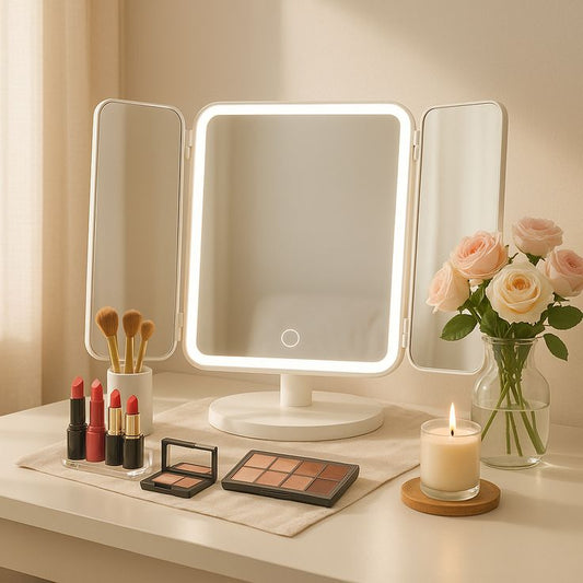 Espelho  Maquiagem Mesa LED Três Lados Dobrável