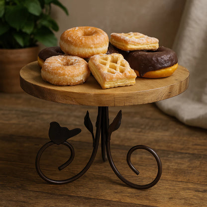 Suporte Rústico para Bolo em Madeira Pinus e Ferro com Pássaro Decorativo | Boleira Artesanal 24cm