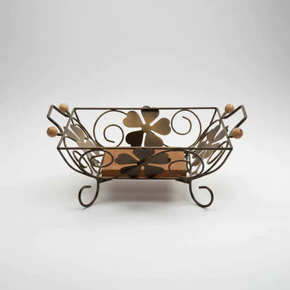 Fruteira de Mesa Quadrada de Madeira e Ferro Floral