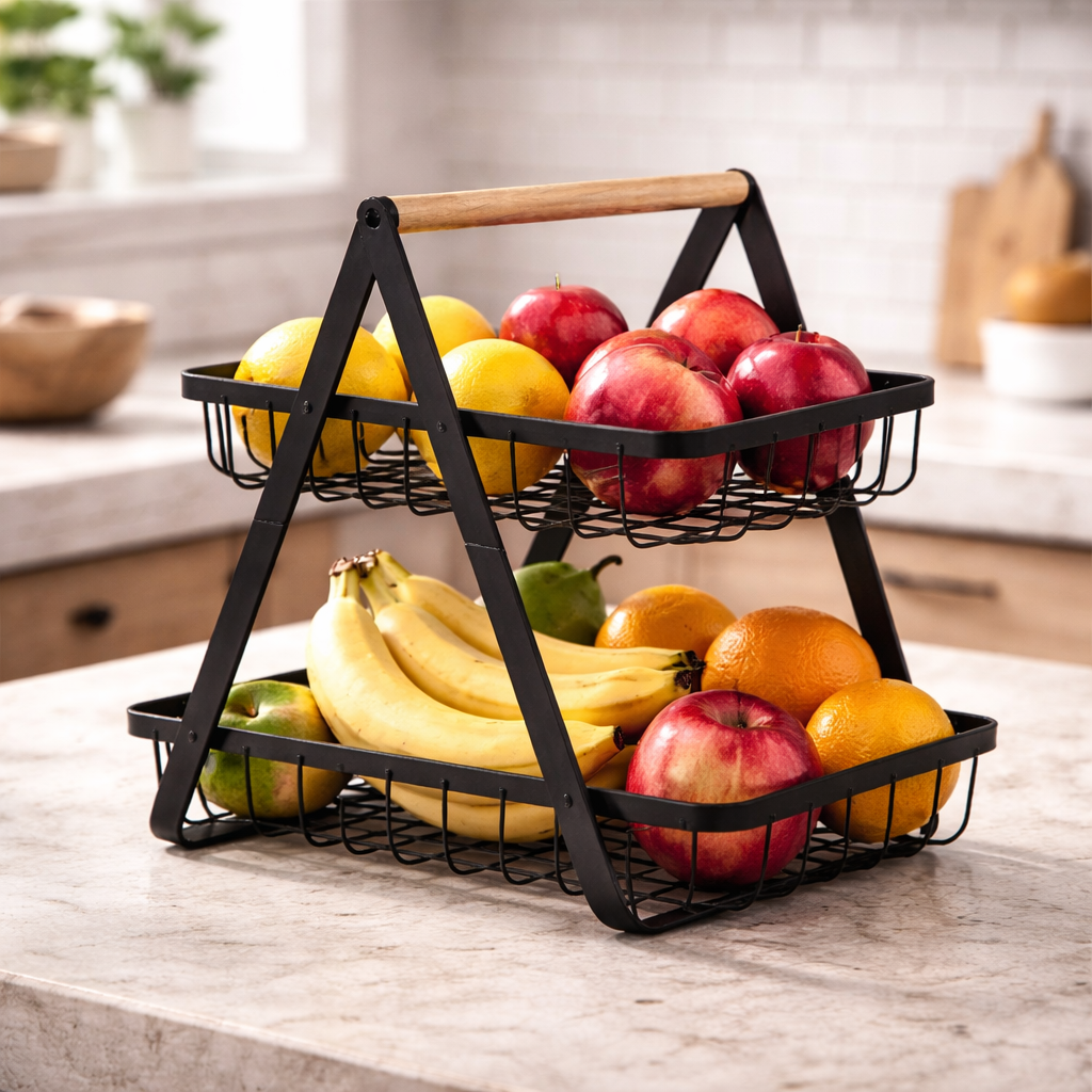 Fruteira de Mesa Premium 2 Andares em Metal e Madeira – Organizador Multiuso para Frutas, Pães e Legumes