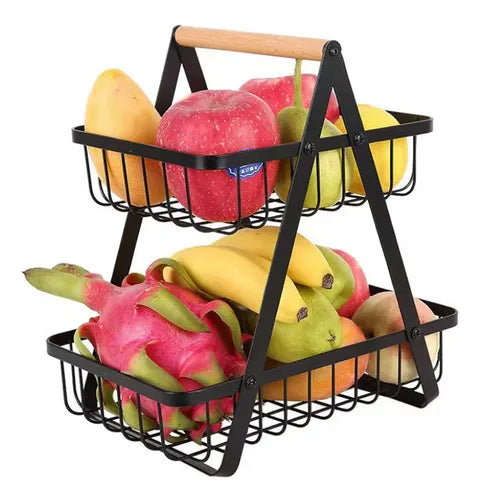 Fruteira de Mesa Premium 2 Andares em Metal e Madeira – Organizador Multiuso para Frutas, Pães e Legumes