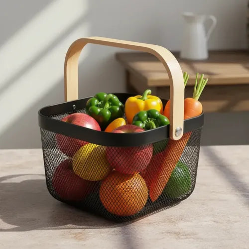 Fruteira Aramada Multiuso Alça Bambu