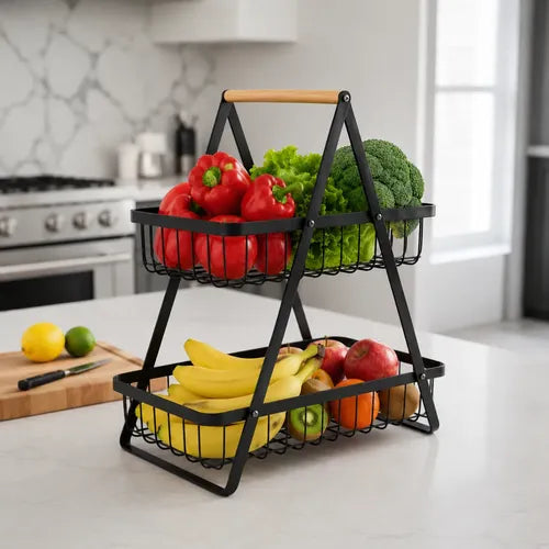 Fruteira de Mesa Premium 2 Andares em Metal e Madeira – Organizador Multiuso para Frutas, Pães e Legumes