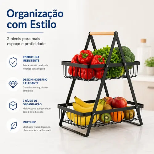 Fruteira de Mesa Premium 2 Andares em Metal e Madeira – Organizador Multiuso para Frutas, Pães e Legumes