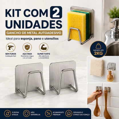 Kit 2 Suportes para Esponja em Aço Inox – Ganchos para Pia e Cozinha