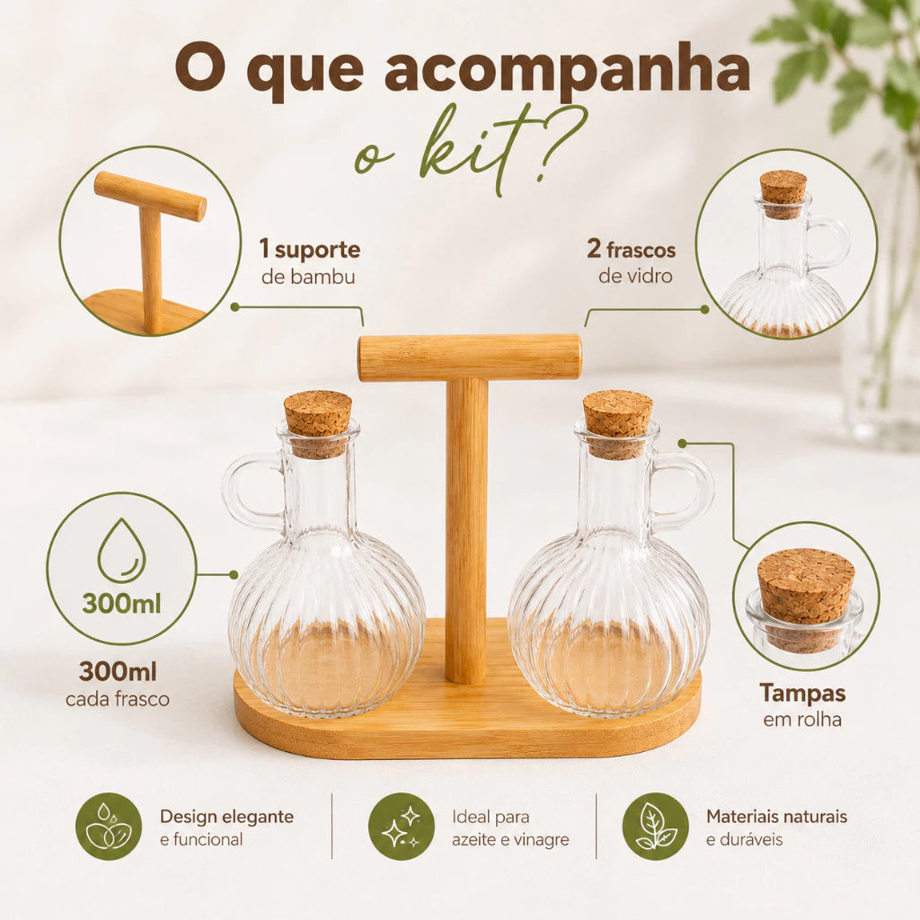 Galheteiro de Vidro 2 Peças com Base de Bambu