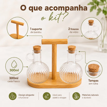 Galheteiro de Vidro 2 Peças com Base de Bambu