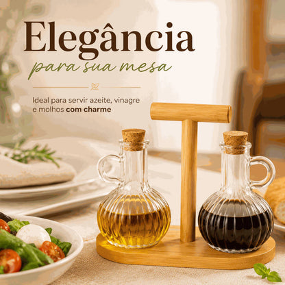 Galheteiro de Vidro 2 Peças com Base de Bambu