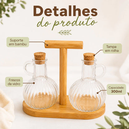 Galheteiro de Vidro 2 Peças com Base de Bambu