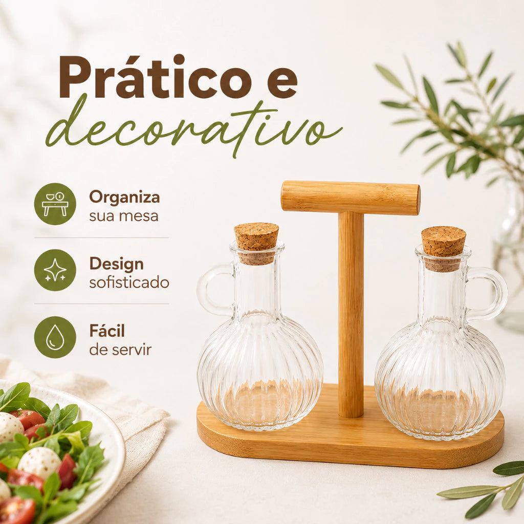 Galheteiro de Vidro 2 Peças com Base de Bambu