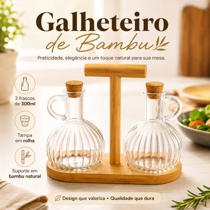 Galheteiro de Vidro 2 Peças com Base de Bambu