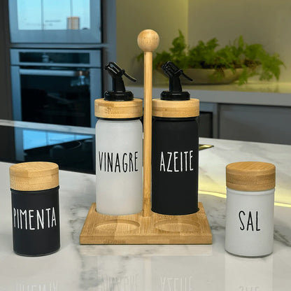 Conjunto De Galheteiro De Vidro E Bambu