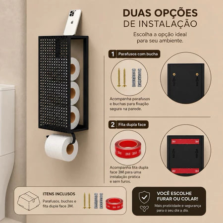 Porta Papel Higiênico de Parede em Aço – Estilo Industrial Preto ou Branco