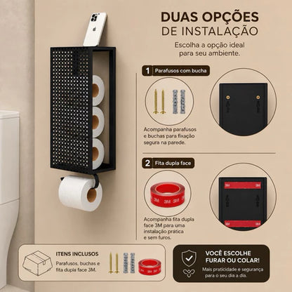 Porta Papel Higiênico de Parede em Aço – Estilo Industrial Preto ou Branco