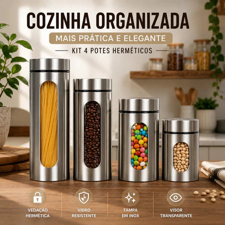 Kit 4 Potes De Vidro Herméticos Com Tampa Em Inox