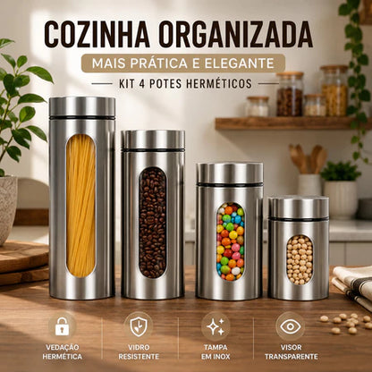 Kit 4 Potes De Vidro Herméticos Com Tampa Em Inox