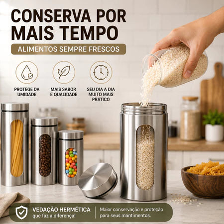 Kit 4 Potes De Vidro Herméticos Com Tampa Em Inox