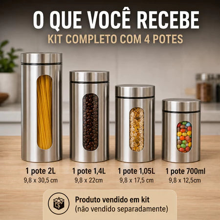 Kit 4 Potes De Vidro Herméticos Com Tampa Em Inox