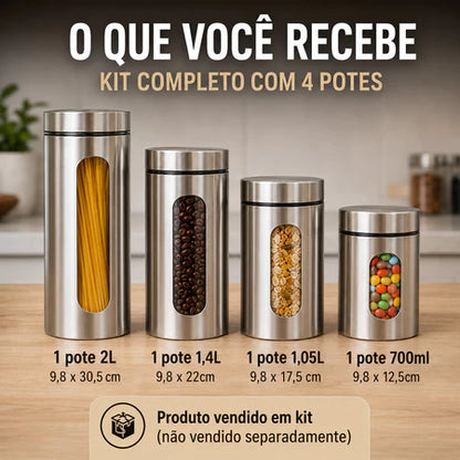 Kit 4 Potes De Vidro Herméticos Com Tampa Em Inox