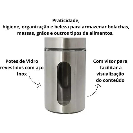 Kit 4 Potes De Vidro Herméticos Com Tampa Em Inox