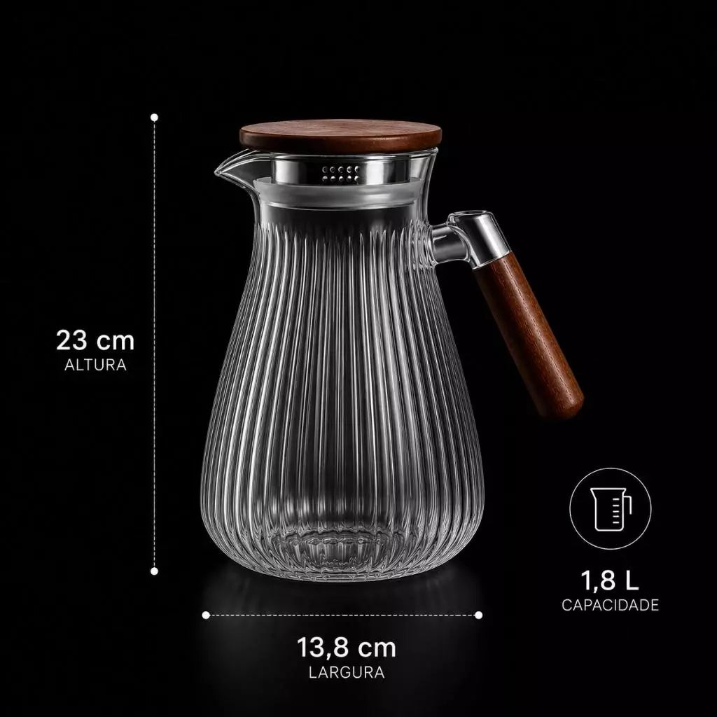 Jarra de Vidro Borossilicato 1,8L com Tampa e Filtro em Inox – Elegância para Bebidas Quentes e Frias