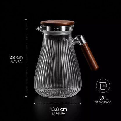 Jarra de Vidro Borossilicato 1,8L com Tampa e Filtro em Inox – Elegância para Bebidas Quentes e Frias