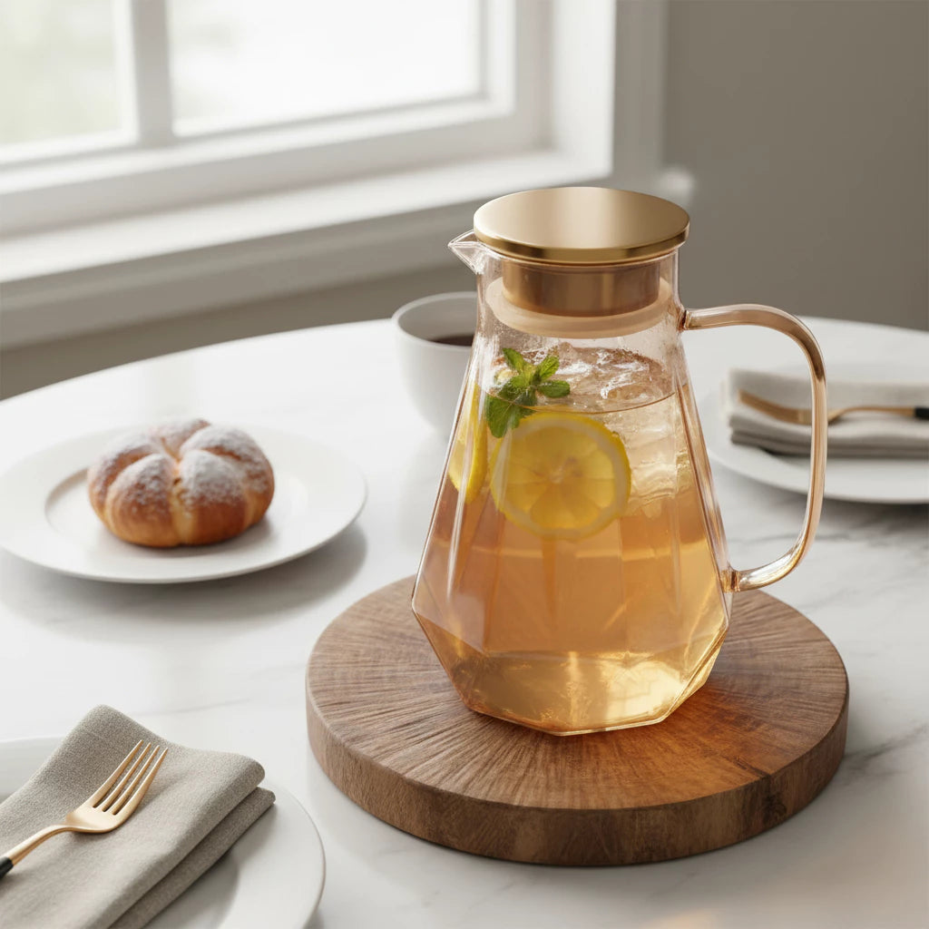 Jarra de Vidro Borossilicato Âmbar 1,6L com Tampa em Inox – Design Premium para Bebidas Quentes e Frias